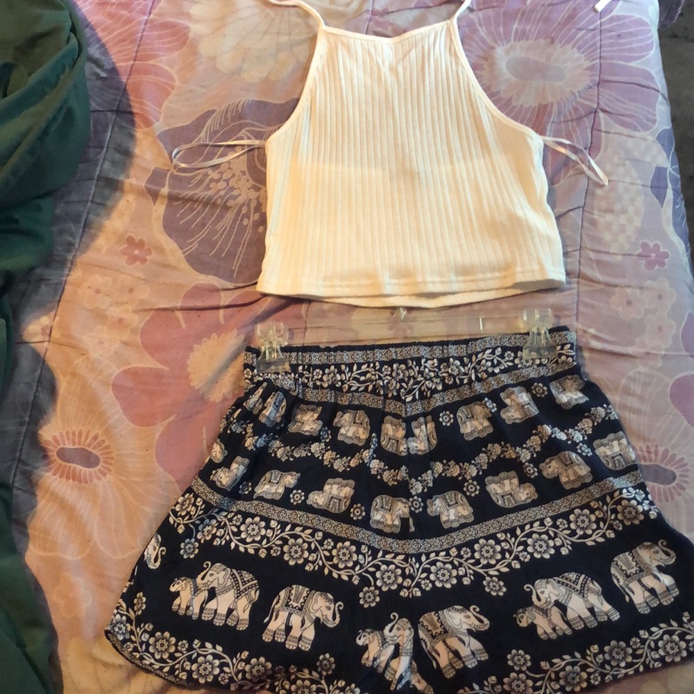 white crop top, with navy blue shorts